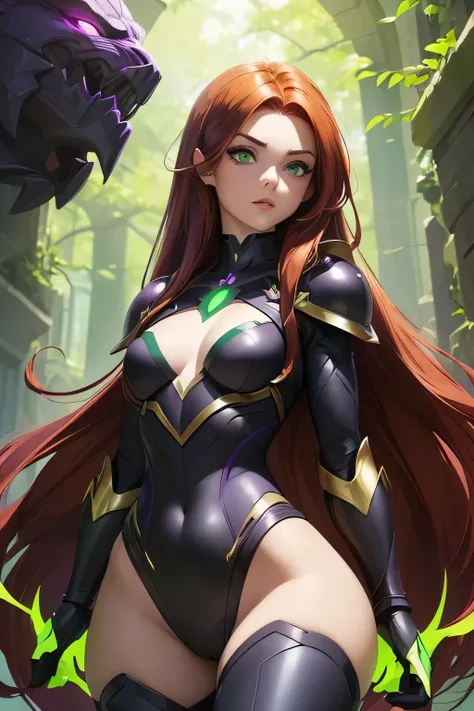 ((Masterpiece)) ((Perfect Face)) ((Beautiful)) ((Small Breasts)) ((portrait)) ((Wide Hips)) ((black and purple Super Hero Armor)) ((Super Powers)) ((Long Hair)) ((auburn Hair)) ((Pale Skin)) ((Glowing green Eyes)) ((Button Nose)) ((Full Lips))
