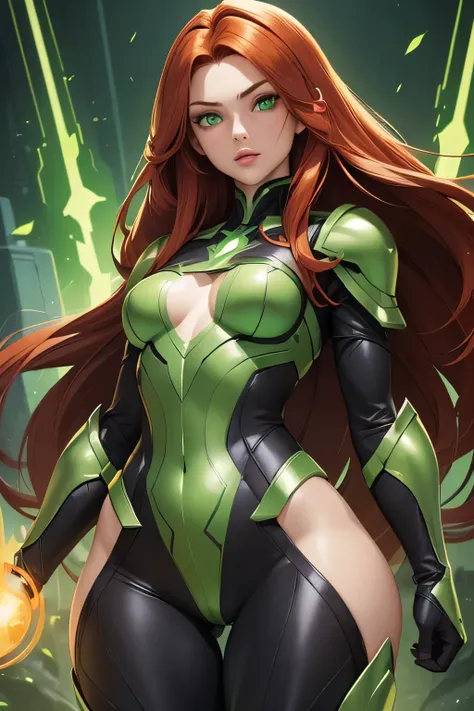 ((Masterpiece)) ((Perfect Face)) ((Beautiful)) ((Small Breasts)) ((portrait)) ((Wide Hips)) ((black and green Super Hero Armor)) ((Super Powers)) ((Long Hair)) ((auburn Hair)) ((Pale Skin)) ((Glowing green Eyes)) ((Button Nose)) ((Full Lips))
