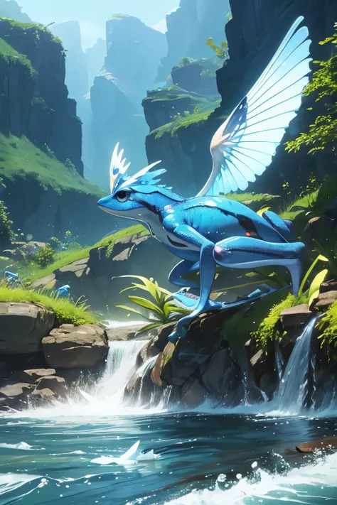 a blue frog, white wings on the back, big wings, orange eyes, aerodynamic flight, perfect, super detailed, landscape of a beautiful river, super frog anatomy