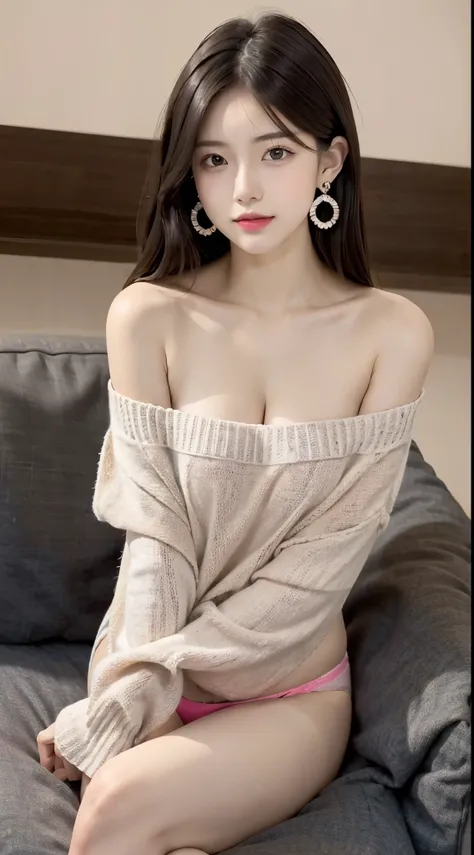 1 girl、17-year-old female、Beautie、A dark-haired、garments（Black strapless-shoulder sweater、Casual enough to see underwear） and very slender figure,,,,,、very slender leganicure、earrings、Pink lip、a picture、lifelike、sexuell、top-quality、adopt、A detailed face、De...