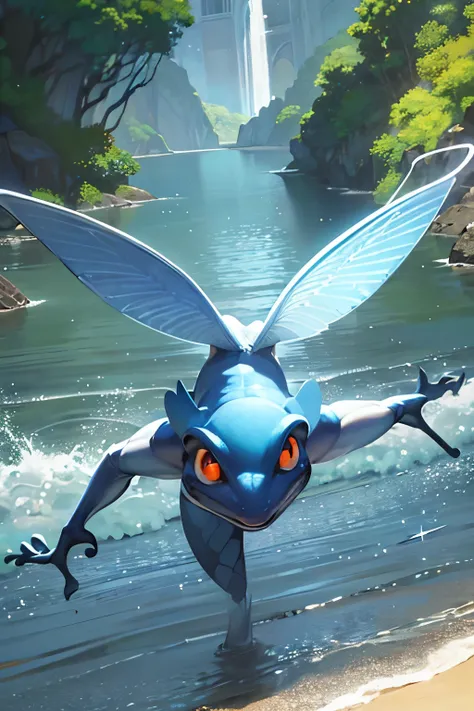 a blue frog, white wings on the back, big wings, orange eyes, aerodynamic flight, perfect, super detailed, landscape of a beautiful river, super frog anatomy