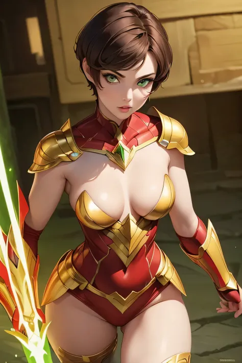 ((Masterpiece)) ((Perfect Face)) ((Beautiful)) ((Small Breasts)) ((portrait)) ((Wide Hips)) ((red and gold Super Hero Armor)) ((Super Powers)) ((short Hair)) ((brunette Hair)) ((Pale Skin)) ((Glowing green Eyes)) ((Button Nose)) ((Full Lips))
