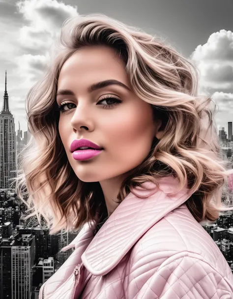 A confident woman with tousled waves and a soft pink lip color, posing before a monochrome cityscape backdrop, enhanced by fractal details.