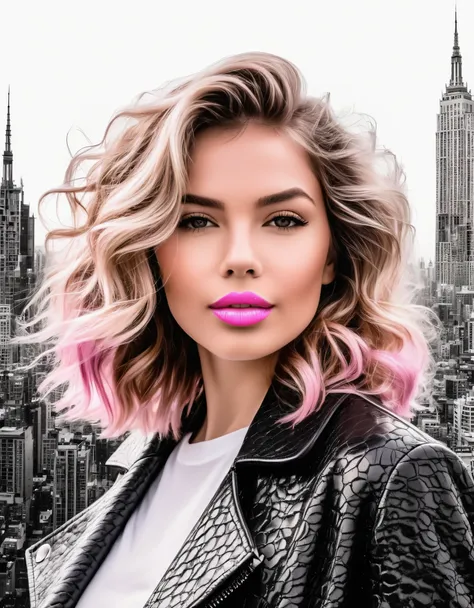 A confident woman with tousled waves and a soft pink lip color, posing before a monochrome cityscape backdrop, enhanced by fractal details.