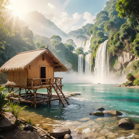 Create a surrealistic photo of a bamboo hut by the side of a clear river, with a tall waterfall.