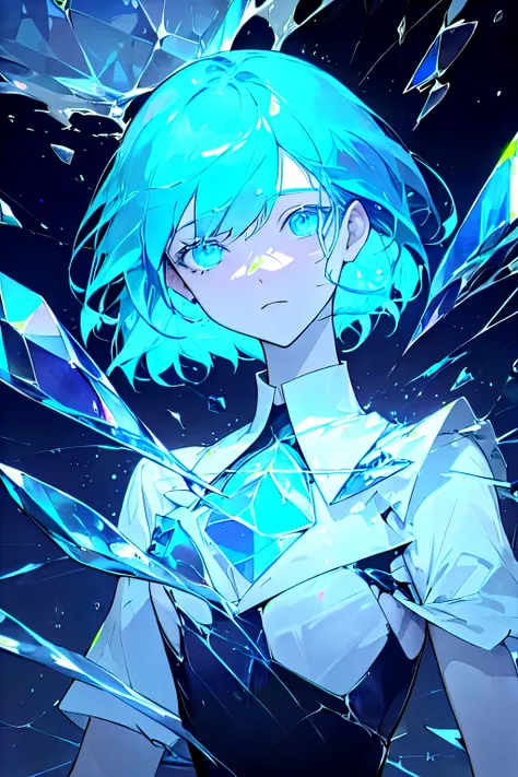 houseki no kuni, upper body, glass debris, cracked skin, glowing cracks, crystal, blue
 