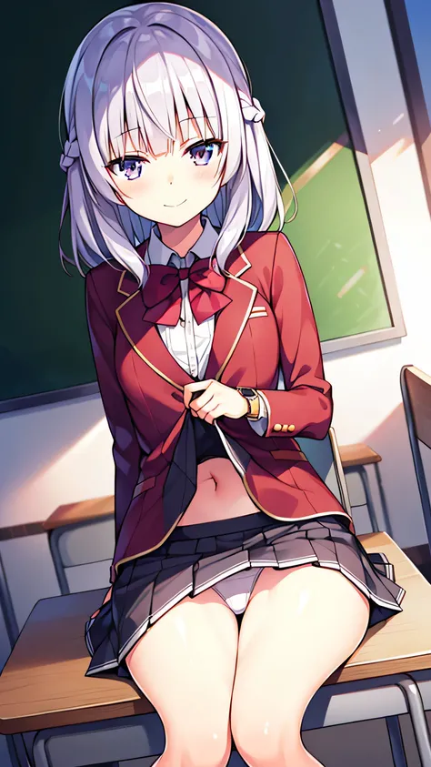 1 girl, underwear, skirt, alone, underwear, Chest, classroom, shirt, bow, lexistg_hair, white_, skirt_lift, existindoor, Smile, Open_clothing, bowtie, navel, watch_exist_audience, clothing_lift, white_shirt, table, School_, blush, School_table, Bangs, yell...