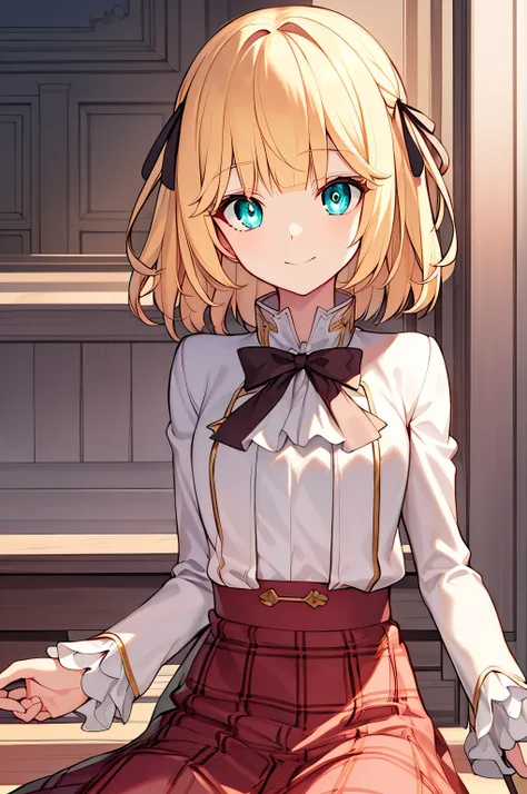 detectivelunch break, smile, short hair, bangs, blue eyes, shirt, hair accessories, long sleeve, skirt, bow, blond hair, hairpin...