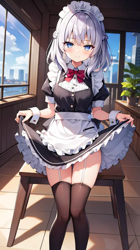 1 girl, , alone, lift your legs, 长长的hair, skirt, white_hair, maid_have, watch_take a step back, watch_Shown in_look at the audience, through bangs, Black_lift your legs, Blushed, Black_skirt, he himself, short_sleeve, clothes are_lift, wrist_arm cuffs, dec...