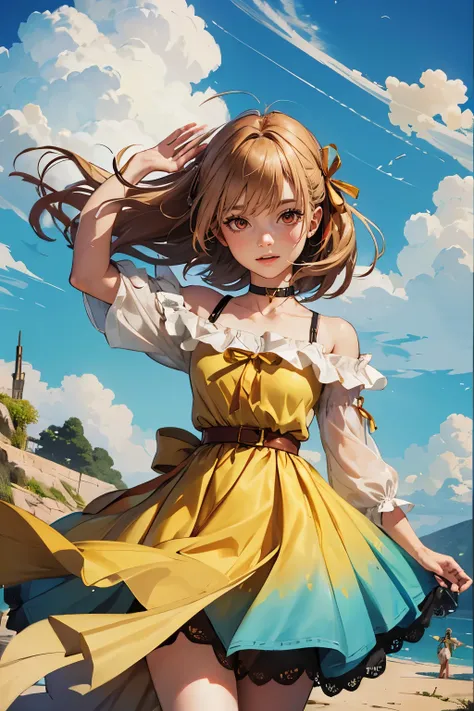 1 girl, chisato nishikigi, gold hair, fantasy world, ruins, folk, beautiful sky, shining sky, sunshine, smiling, waving, ribbon belt, ribbon choker, black choker, ribbon, hair ribbon, wind blowing dress, lace dress, blue camisole, white sweater, half-sleev...