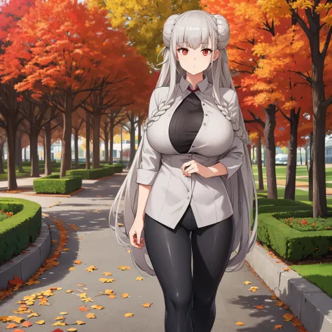 A woman in gray casual clothes, long silver hair, red eyes, cute face, big breasts, autumn weather, walking through a park, just a woman,
