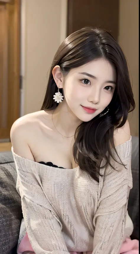 1 girl、17-year-old female、Beautie、A dark-haired、garments（Black strapless-shoulder sweater、Casual enough to see underwear） and very slender figure,,,,,、very slender leganicure、earrings、Pink lip、a picture、lifelike、sexuell、top-quality、adopt、A detailed face、De...