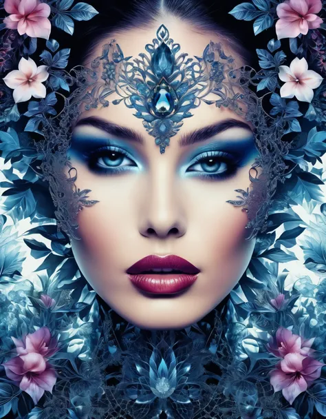 A captivating portrait of a woman with smoky eyes and glossy lips, surrounded by intricate floral designs and fractal elements.