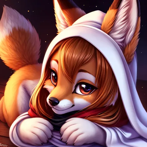 A captivating and intricately rendered full-size portrait emerges before you, showcasing a cuddly and alluring Lop-eared white fox. The foxs ears, adorned with Chifres marrons and speckled with Pupilas vermelhas, frame a face with Cachos curtos e ondulados...