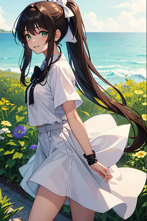 Masterpieces, best quality, 1 girl, anime character style, dark brown long hair, hairstyle ponytail with white bow, white shirt and light green shorts, her smile and look at viewer,