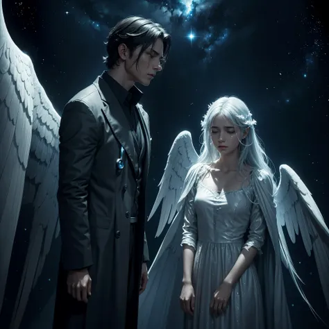 A crying angel with a mysterious doctor in a sci-fi, fantasy setting. The scene features a tearful angel with detailed wings, a sorrowful expression, and flowing tears, accompanied by a mysterious doctor in a dark and cosmic environment. The artwork is cre...