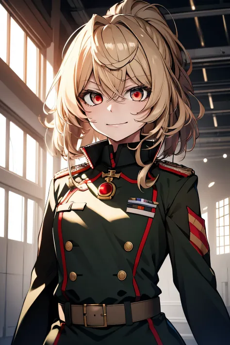 (masterpiece, best quality: 1.1), 1girl solo, tanya, 1girl, solo, , flat chest, small breasts, curvy, military, military uniform, ,, evil smile, wicked expression, anger, red eyes, neutral lighting