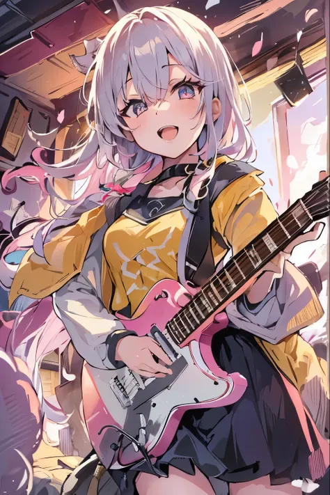 ((masutepiece)), ((Best Quality)), (Ultra-detailed), Anime style, Live performance venue, Cute s, 1girl in, Solo, Playing the guitar 00, ((Beautiful eyes))0, Smile,yellow eyes