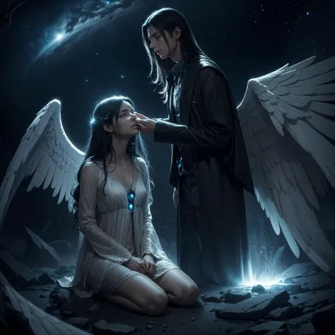 A crying angel with a mysterious doctor in a sci-fi, fantasy setting. The scene features a tearful angel with detailed wings, a sorrowful expression, and flowing tears, accompanied by a mysterious doctor in a dark and cosmic environment. The artwork is cre...