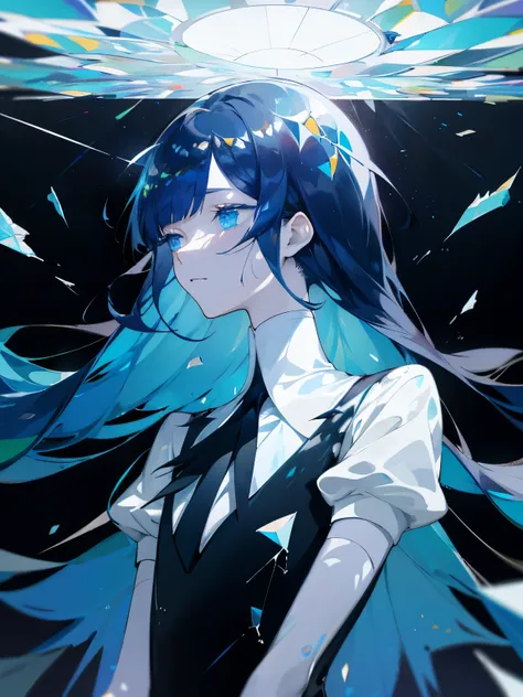 houseki no kuni, upper body, glass debris, cracked skin, glowing cracks, long hair, with bangs, blue, white shirt, look down