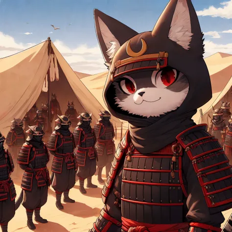 An army of anthropomorphic furry kemono-style cats, wearing black and red samurai armor, are in a desert checking caravans and talking to the population, desert, anime style