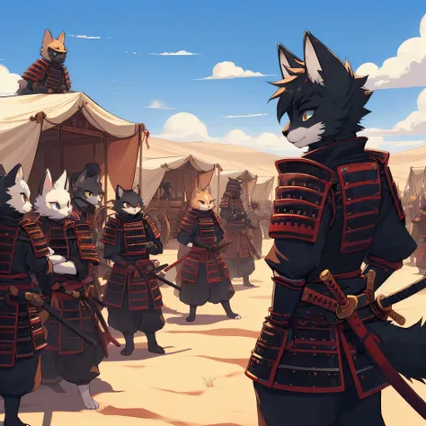 
An army of anthropomorphic kemono-style furry cats, vestindo armadura de samurai preta e vermelha, are in a Deserto checking caravans and talking to the population, Deserto, Estilo Anime