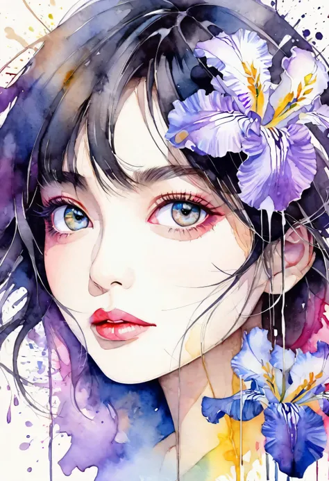 beautiful woman portrait, Sylvia Pelissero watercolors, Irises flower、beautiful eyes、 abstract art, intense watercolor, watercolor detailed art, watercolor splash, surreal, avant-garde pop art, Beautiful and expressive paintings, Beautiful artwork illustra...