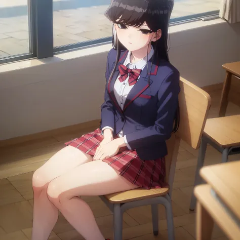 komiShouko, masterpiece, best quality, absurdres, 1girl, looking at viewer, v arms, pantyhose, classroom, school uniform, red skirt, red bow, blazer, window, sitting, chair, crowd,crossing legs,medium thighs.