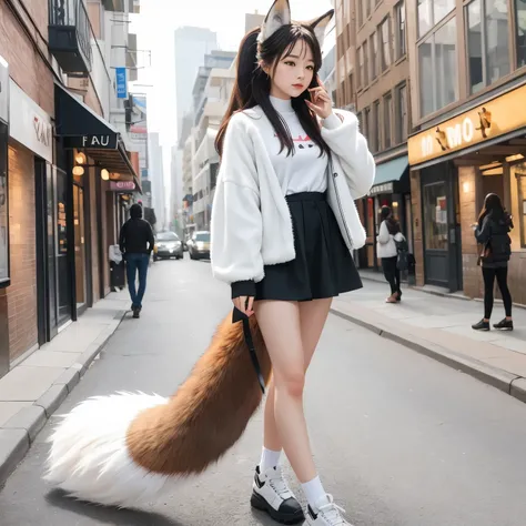 girl with  a fox tail walking down a street talking on a cell phone, fox tail,  hairy tail, fluffy tail, genuine, Womens cute style&#39;furry mini, fox girl, fur with tail,  very very beautiful fur art, Roam the streets, photograph, highest quality