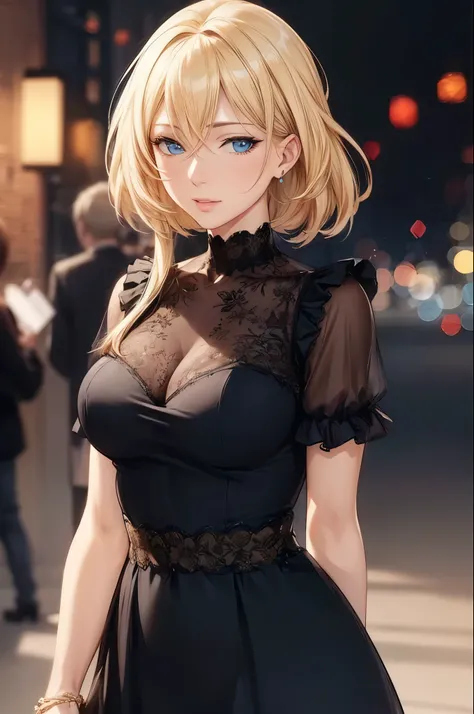 (best quality, highres, photorealistic), portrait, elegant mature woman, blue eyes, long hair, swept-side bang, blonde hair, big breast, ultra detailed cg 8k, beautiful cg, soft light