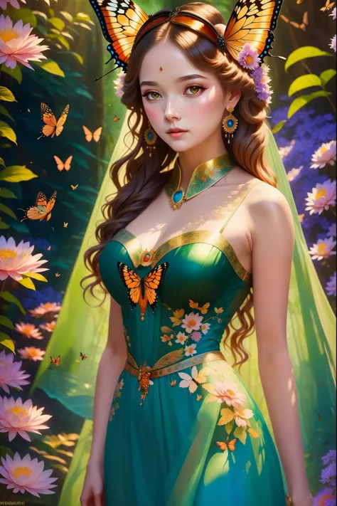 Mysterious forest girl and butterfly, Sheer silk dress, Impressionism肖像,
Impressionism, author：Konstantin Razumov, Pierre Auguste Renoir, Textured paint,
detailed, Realistic portrait, art, Gorgeous patterns, fair, 8K, Depth of sharpness,
Rembrandt lighting...