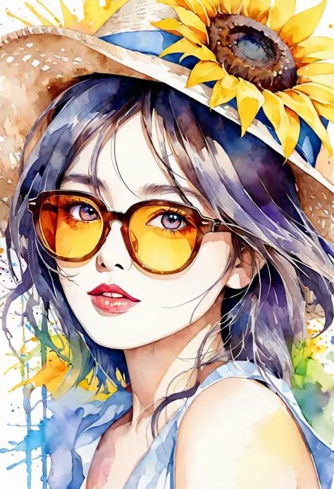 beautiful woman portrait, Sylvia Pelissero watercolors, Sunflower flowers、beautiful eyes、 abstract art, intense watercolor, watercolor detailed art, watercolor splash, surreal, avant-garde pop art, Beautiful and expressive paintings, Beautiful artwork illu...