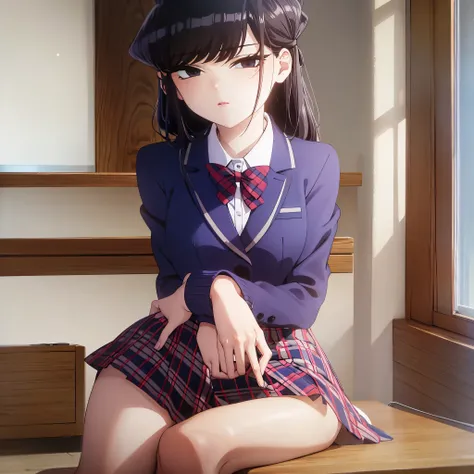 komiShouko, masterpiece, best quality, absurdres, 1girl, looking at viewer, v arms, pantyhose, classroom, school uniform, red skirt, red bow, blazer, window, sitting, chair, crowd,crossing legs,medium thighs.