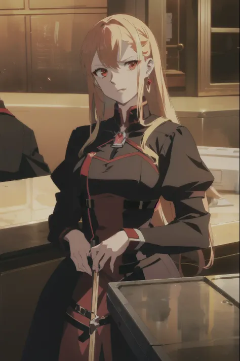 anime - style image of a woman in a red dress standing in a kitchen, half invoker half megumin, cushart krenz key art feminine, cushart krenz, official art, anime style like fate/stay night, megumin, cushart kenz, from girls frontline, inspired by Li Cheva...