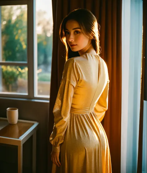 portrait of beautiful 28 years old girl looking through a window, she wears an elegant dress with long sleeves and high neck, transparencies, golden hour, youthful girl in 90s, flowy curtains, golden lights, high quality background, ultra detailed scenery,...