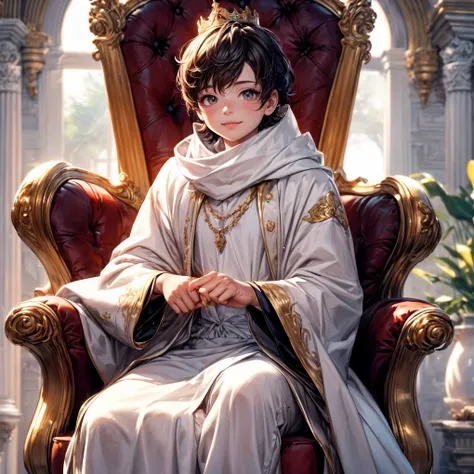 (best quality,4k,8k,highres,masterpiece:1.2),ultra-detailed,(realistic,photorealistic,photo-realistic:1.37), (solo), A cute very little (boy:1.1) wearing a (white cloak) and a (very long silk long dress:1.1), prince, (best wrinkle, best shadow), (White lon...