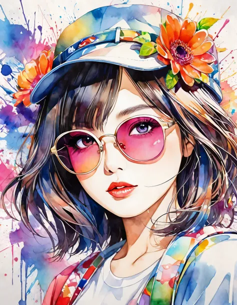 beautiful woman portrait, Sylvia Pelissero watercolors, colorful flowers、beautiful eyes、 abstract art, intense watercolor, watercolor detailed art, watercolor splash, surreal, avant-garde pop art, Beautiful and expressive paintings, Beautiful artwork illus...