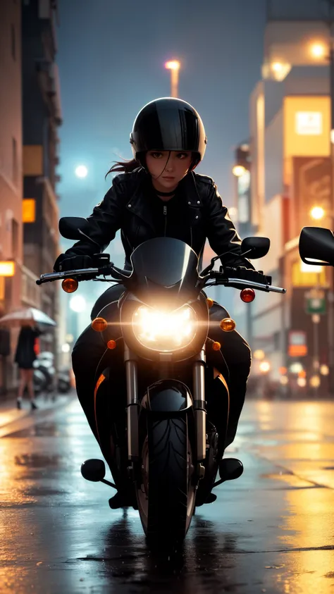 1girl, dress, jacket, rain, ground vehicle, helmet, mecha, motor vehicle, motorcycle, on motorcycle, vehicle focus, wheel, night, road, street, rain, city, puddles, 8k, ultra realistic, lens flare, atmosphere, glow, detailed, intricate, full of colour, cin...