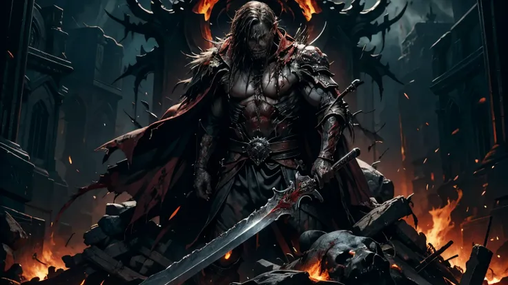 A terrible and horrible death. His face was a mess of rotten flesh showing bones, his eyes were as red as fire, he was holding a sword and holding a sinners head, he was standing tall with anger like fire in the darkness. Blood flowed beneath the pile of c...