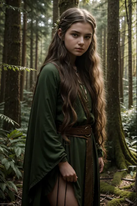 15 year old Russian girl - druid in the forest (juego de rol),cabello rubio rizado y despeinado, Rasgos delicados de un rostro delgado., Fancy,tolkien,8K ,Realismo, foto , High Definition, piel realista, , Sin cosmeticos, Knee-high fotos