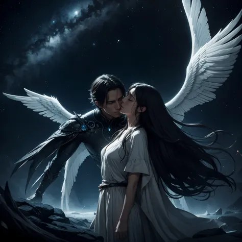 A crying angel with a mysterious doctor in a sci-fi, fantasy setting. The scene features a tearful angel with detailed wings, a sorrowful expression, and flowing tears, accompanied by a mysterious doctor in a dark and cosmic environment. The artwork is cre...