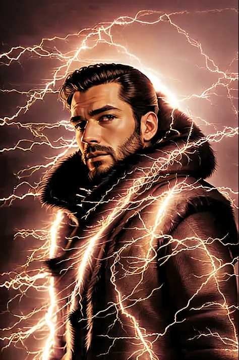 masterpiece, best quality, extremely detailed, hyperrealistic, photorealistic, a cool 40s man, ultra detailed face, fur-trimmed coat, scarf around the neck, red lightning:1.2, red lighting around body:1.2
