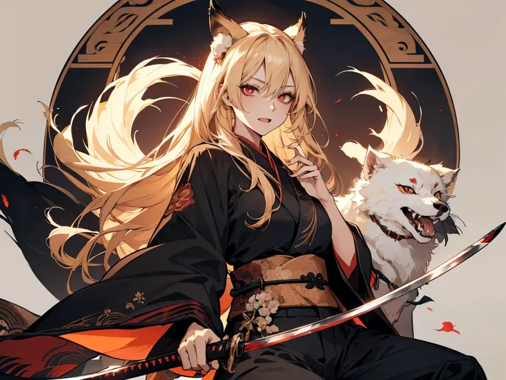 1 female, kitsune, teacher, insane, wearing kimono, black long pants, blond hair, long hair, red eyes, showing her fangs, holding a katana, blood on katana, face to detail, detailed eyes, the background is a forest in china