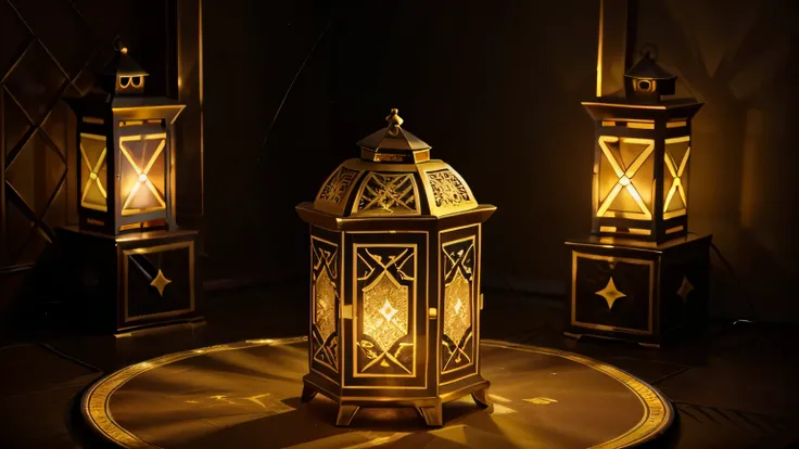 Stock photo of a islamic lantern with incense burner, in the style of realistic depiction of light, fantasy, universe, colours, stars, mistery, dark gold and light gold, luminous quality, gold leaf overlay, neon and fluorescent light, elaborate calligraphy...