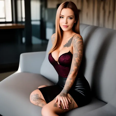 realistic image, Laurence Bedard, perfect image, sitting on a couch, looking away, shy, smiling, with a tattoo on her shoulder, wearing only a coloured mini skirt, full body tattoo, coffee shop,