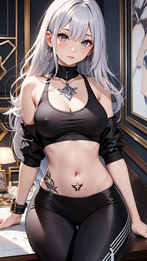 最high quality、best image quality、masterpiece、girl((20-year-old、 By becoming、vest bust、medium bust,wide open breast tea、shining eyes, silver hair、long hair、thin,highest valley、black sports bra、black sports pants、shoulder tattoo,diamond earrings、Wristband、bl...