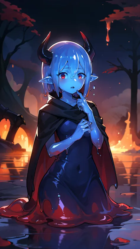 (high-quality, breathtaking),(expressive eyes, perfect face) 1girl, female, solo, adult, medium hair length, slime girl monster, blue skin, red eyes, shiny body, slime demon, slime skin, dress, cloak,pointy ears, multicolored, water like skin, curled demon...