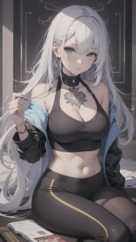 最high quality、best image quality、masterpiece、girl((20-year-old、 By becoming、vest bust、medium bust,wide open breast tea、shining eyes, silver hair、long hair、thin,highest valley、black sports bra、black sports pants、shoulder tattoo,diamond earrings、Wristband、bl...