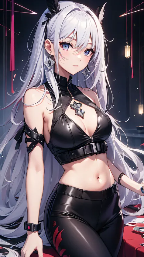 最high quality、best image quality、masterpiece、girl((20-year-old、 By becoming、vest bust、medium bust,wide open breast tea、shining eyes, silver hair、long hair、thin,highest valley、black sports bra、black sports pants、shoulder tattoo,diamond earrings、Wristband、bl...