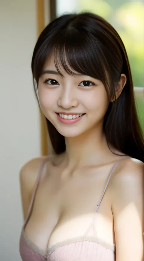 masterpiece,best quality,(Japanese ),((Beautiful girl)),cleavage,indoor,(perfect body beauty:1.2),(shy smile),beautiful teeth,